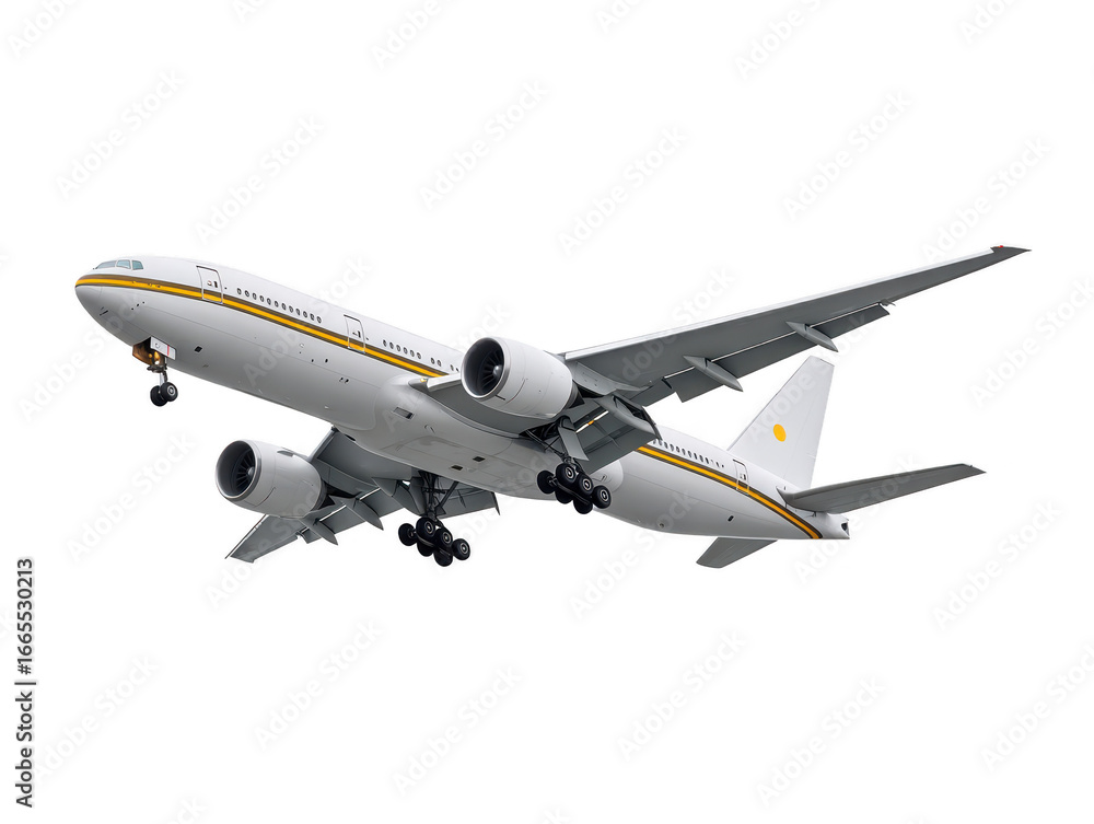 Fototapeta premium White commercial airplane jet isolated flying modern passenger travel transportation aviation sky