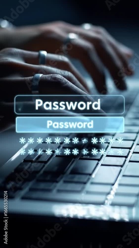 User's hands typing confidential password on a laptop keyboard with glowing digital input fields for secure online access.