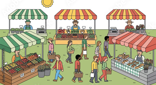 Farmers market bustling with fresh produce and happy shoppers on a sunny day