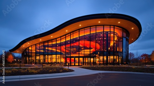 Modern architectural building at dusk with large glass windows and curving roof lit with warm light