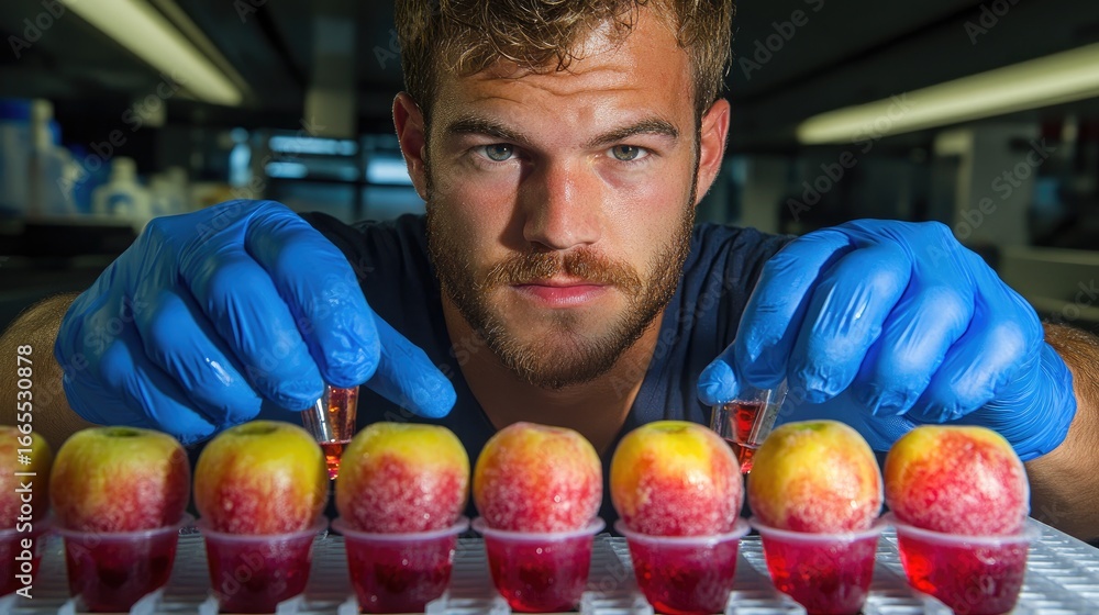 Fototapeta premium Man inspecting liquids in tubes with apples. Intense focus in a lab setting