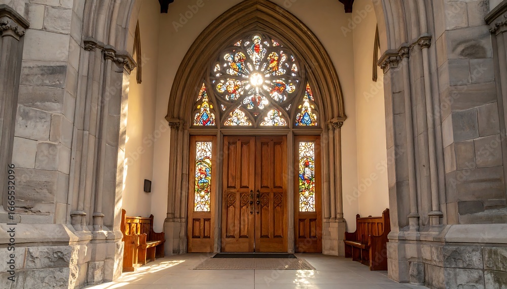 Obraz premium Church Entrance with Stained Glass, and Sunlight.