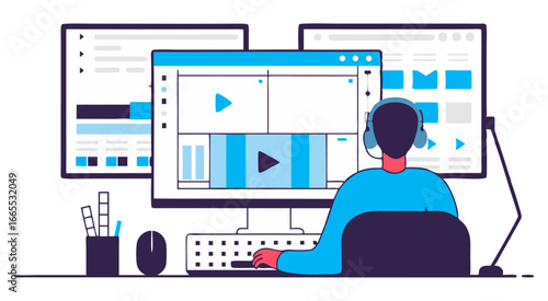 A flat-style illustration of a person with headphones at a multi-monitor desk, editing video on a computer, showcasing creative work or multimedia production.