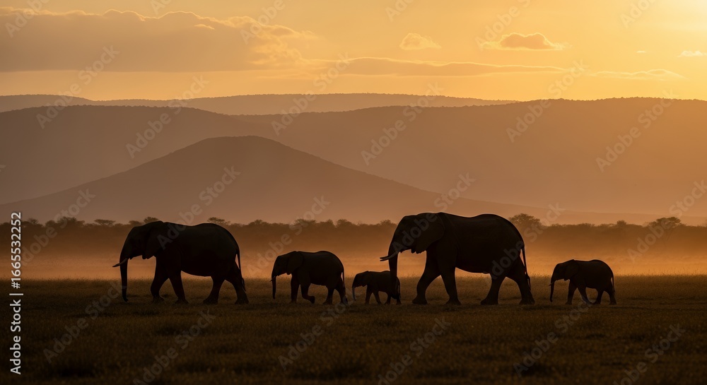 Fototapeta premium Herd of Elephants Walking in Sunset Landscape with Mountains and Misty Plains