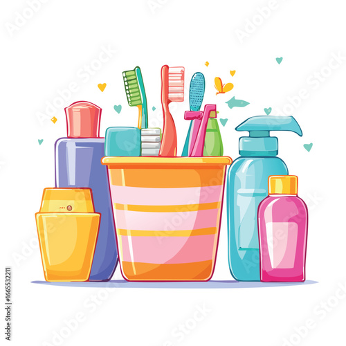 A vibrant collection of colorful personal hygiene and bathroom essentials arranged in a playful and inviting manner, perfect for promoting healthy habits