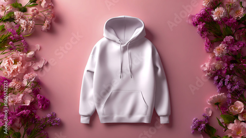Flat lay mockup of a white hoodie on a pink background with flowers