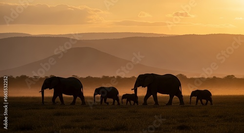 Herd of Elephants Walking in Sunset Landscape with Mountains and Misty Plains