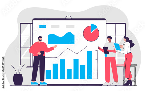 A flat-style illustration of a business team presenting data with charts and graphs on a large screen, representing analytics, marketing, or financial reporting.
