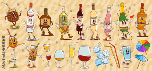 Cartoon groovy alcohol drink and beverage characters of retro hippie bottles and glasses, ice cubes and drinking straws. Vector groovy wine, champagne, whiskey and tequila, vodka, rum and yerba mate