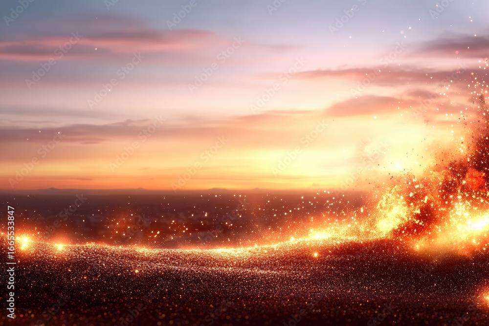 Obraz premium Glowing particles rise from the ground during a vibrant sunset, filling the sky with light