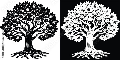 Striking black and white silhouette of a mature fruit tree with detailed roots and abundant foliage symbolizing growth and nature's bounty
