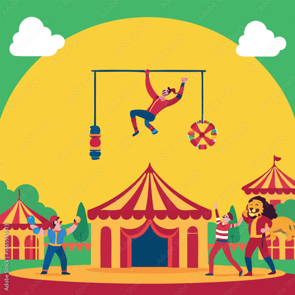 Obraz premium Trapeze artists swing high with high quality detailed illustration creative visual content suitable for Adobe Stock, commercial use, artistic projects and digital design inspiration