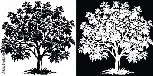 Lush fruit tree laden with ripe apples, rendered in striking silhouette perfect for harvest themes.