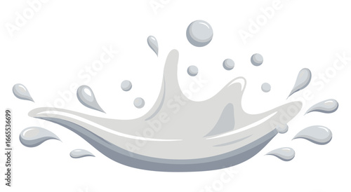 Dynamic milk splash with droplets and waves, rendered in a flat, glossy cartoon style. Ideal vector graphic for dairy, beverage, health, and cosmetic themes, showing freshness and movement.