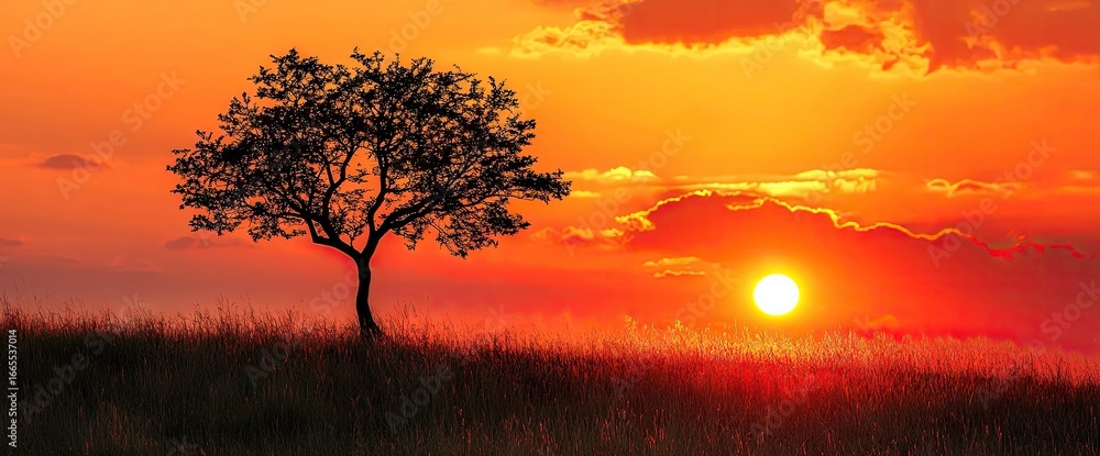 Naklejka premium Silhouette tree at fiery sunset