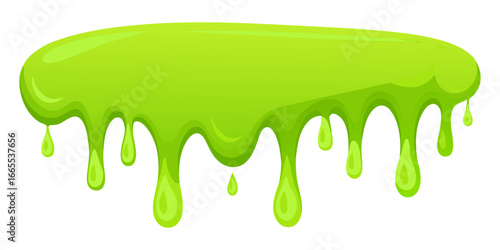 Bright neon green slime or goo dripping down a horizontal surface. A glossy, cartoon vector graphic perfect for Halloween, monster, toxic, or scientific themed designs and backgrounds.