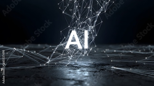 Glowing white AI text within a complex digital plexus network over a dark textured reflective surface.