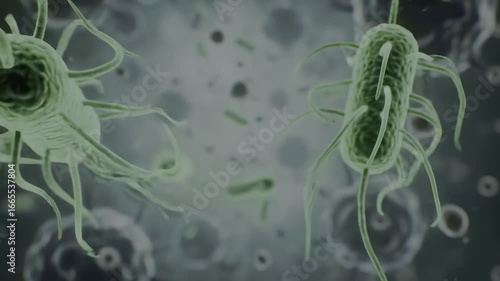 Detailed view of green rod shaped bacteria and cells against a grey background showing the structure of microorganisms, ideal for medical or biological illustrations.