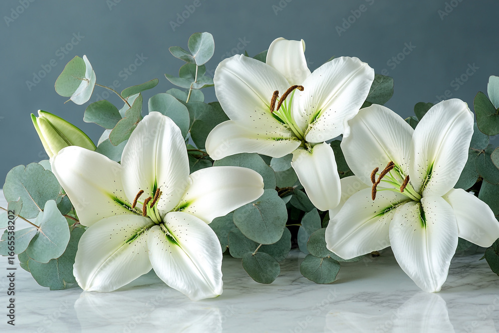 Fototapeta premium Fresh White Lilies and Eucalyptus Branches in Chic Arrangement