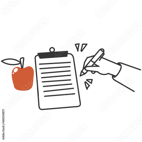 hand drawn doodle clipboard data and apple fruit illustration vector