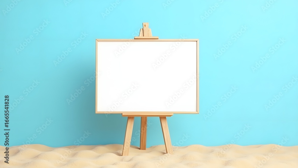 Obraz premium Display Mockup: Blank Whiteboard in the Sand with Blue Wall Background
