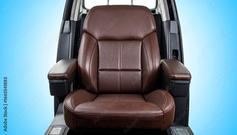 Fototapeta premium A brown leather car seat, showcasing meticulous craftsmanship and a sophisticated design, is presented against a vibrant, light-blue backdrop.