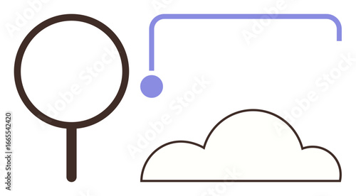 Magnifying glass, cloud, and linking shape represent data search, connectivity, or technology. Ideal for cloud computing, innovation, exploration, analysis digital transformation minimal design