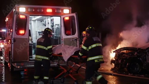 First responders foreman and ambulance help people on site of the road accident with broken cars and injury
