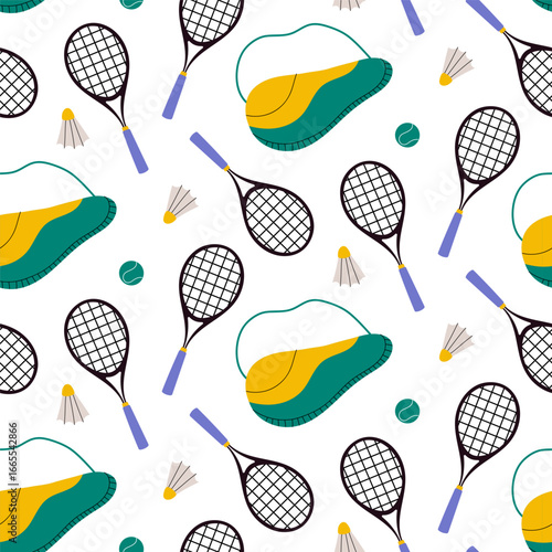 Colorful sports pattern featuring rackets, shuttlecocks, and tennis balls