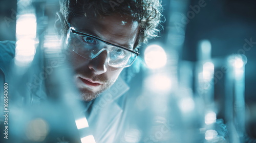 Caucasian man scientist doing research. Close up of male doctor in laboratory. Concept of innovation, health, biotechnology.