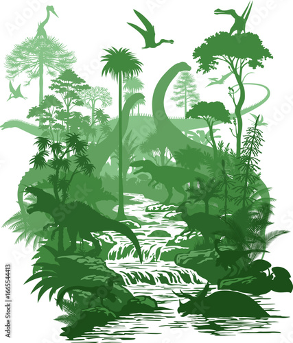 vector river in rainforest jungle with dinosaurs