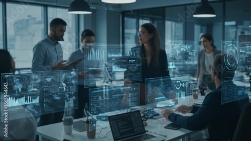 Group in a modern office interacts with projected advanced data visualizations engaging in a collaborative technological workspace