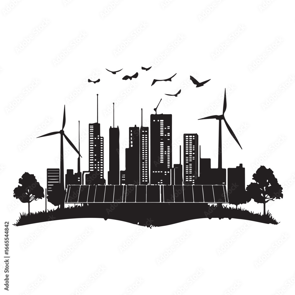 Obraz premium Eco-friendly silhouette vector with renewable energy theme, wind turbines, solar-powered buildings, grassy hill foreground and flying birds, clean bold EPS illustration