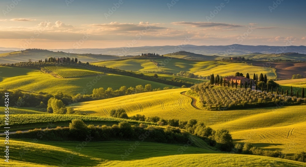 Naklejka premium Picturesque rolling hills of Tuscany at dusk offering a calming presence
