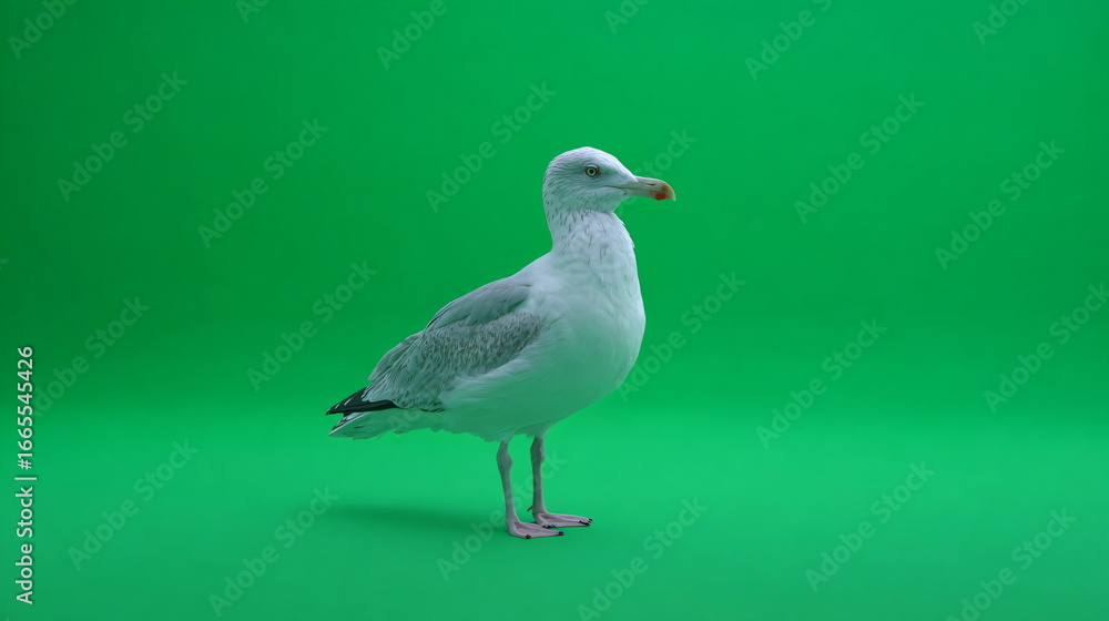 Obraz premium Seagull walking in profile on an isolated green screen. Animal bird for chroma key background. Wildlife, nature, and coastal concept.