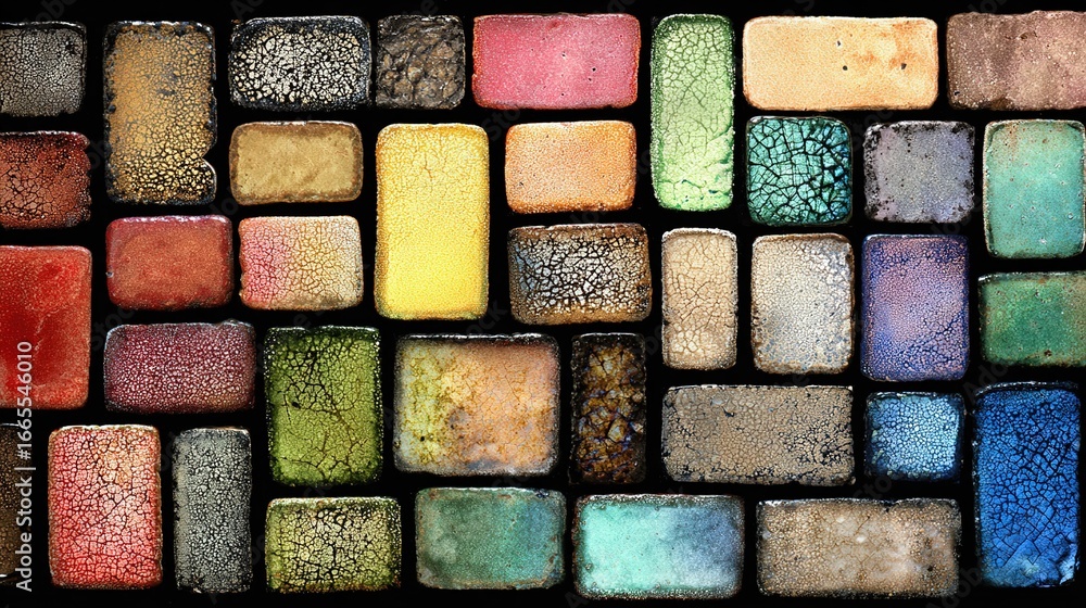 Fototapeta premium Close-up of colorful square tiles in artistic pattern, showcasing mosaic art beauty with deep blue, vibrant orange, soft pink, rich brown hues; black background for contrast, highlighting Fontaineblea