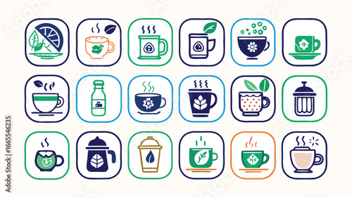 A comprehensive collection of vector line icons representing various types of tea, coffee, and hot beverages for graphic design elements