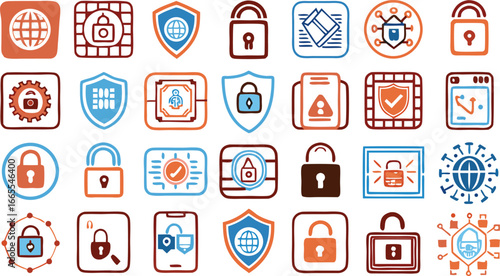 Collection of Vector Icons Representing Digital Security, Protection, and Cyber Safety for Online Use