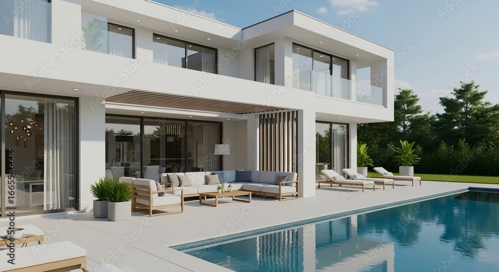 Fototapeta premium A modern white house with a pool and patio furniture on a sunny day showcasing luxurious living