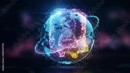 A vibrant, digital representation of Earth surrounded by glowing particles and orbits against a dark backdrop