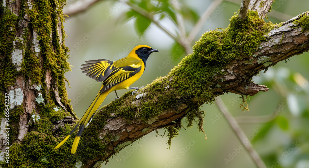 Naklejka premium Golden oriole showcasing its vibrant plumage while perched on a moss-covered branch, highlighting the intricate details of nature's artistry with a verdant backdrop creating an enchanting scene