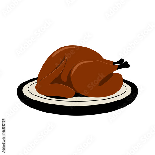 Colorful vector illustration of a roasted turkey on a plate, commonly associated with festive meals and Thanksgiving

