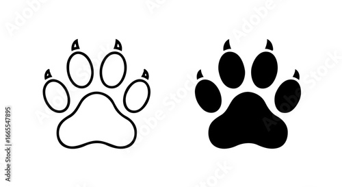 Single vector icon of a paw print | Includes a thin line art version next to a matching silhouette version. Minimal, clean, monochrome, isolated on white background, flat vector style