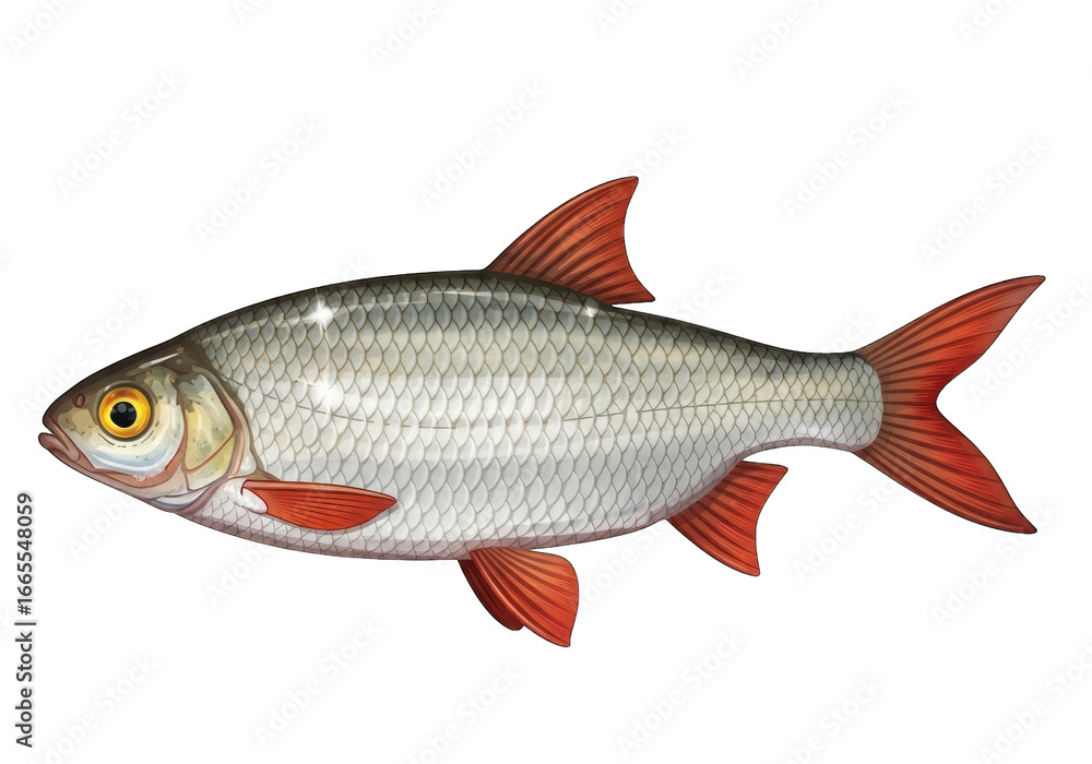 Obraz premium Detailed close-up of a red-finned european roach fish swimming against a dark backdrop transparent background