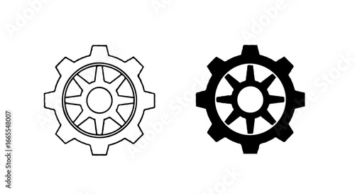 Single vector icon of a gear or cogwheel | Includes a thin line art version next to a matching silhouette version. Minimal, clean, monochrome, isolated on white background, flat vector style
