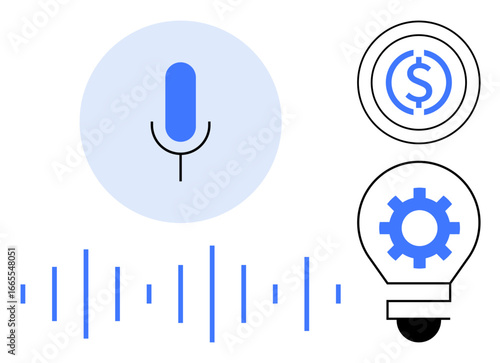 Microphone surrounded by sound waves, dollar coin, and gear inside a light bulb. Ideal for voice recognition, finance, innovation, digital tools, technology productivity AI concepts. Clean flat