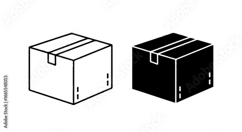 Single vector icon of a cardboard package box | Includes a thin line art version next to a matching silhouette version. Minimal, clean, monochrome, isolated on white background, flat vector style