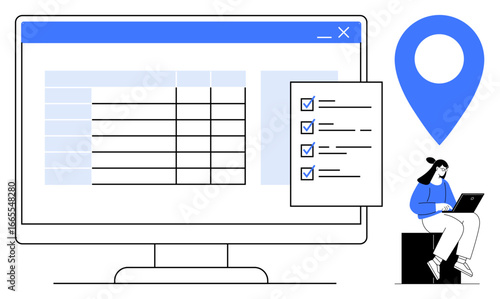 Computer screen showing a table, checklist with checkmarks, and geolocation marker. Ideal for productivity, planning, project management, navigation, task organization, data handling simple flat