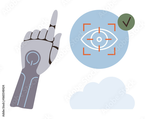 Robotic hand interacting with retina scan technology, overlay of biometric eye recognition, cloud element. Ideal for AI, biometrics, security, automation, data privacy, surveillance futuristic