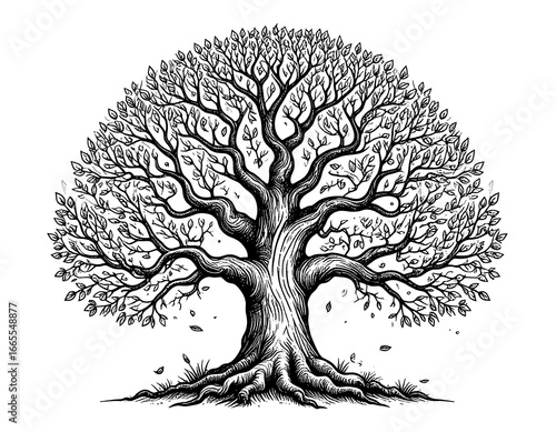 Detailed black and white drawing of a large tree